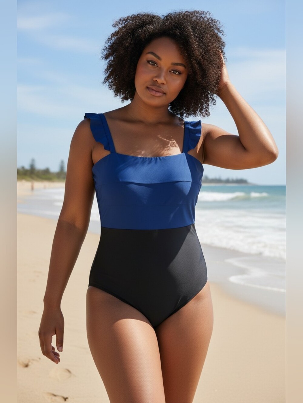 Summersalt Classic Two-Tone Blue and Navy One-Piece Swimsuit Sz 16 Ruffle Strap